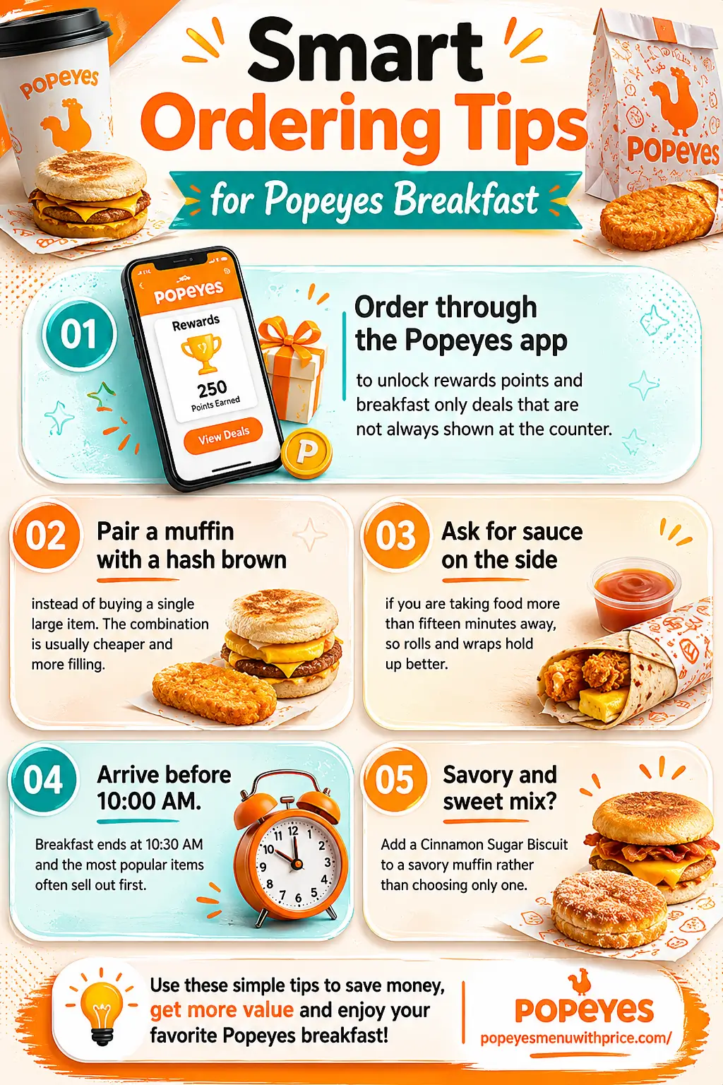 infographic of Smart breakfast ordering tips at Popeyes