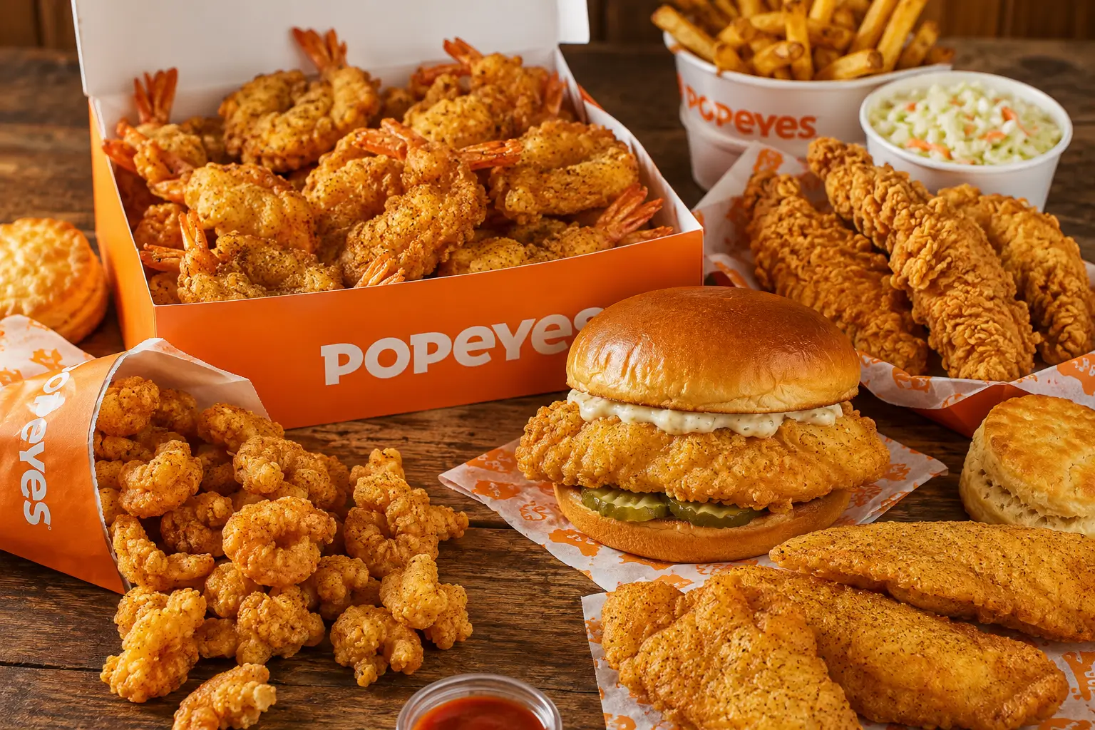 Crispy seafood feast with Popeyes branding